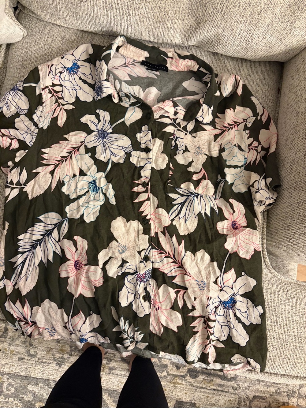 Sanctuary Olive Floral Button-Down Blouse with Pink and Blue Accents